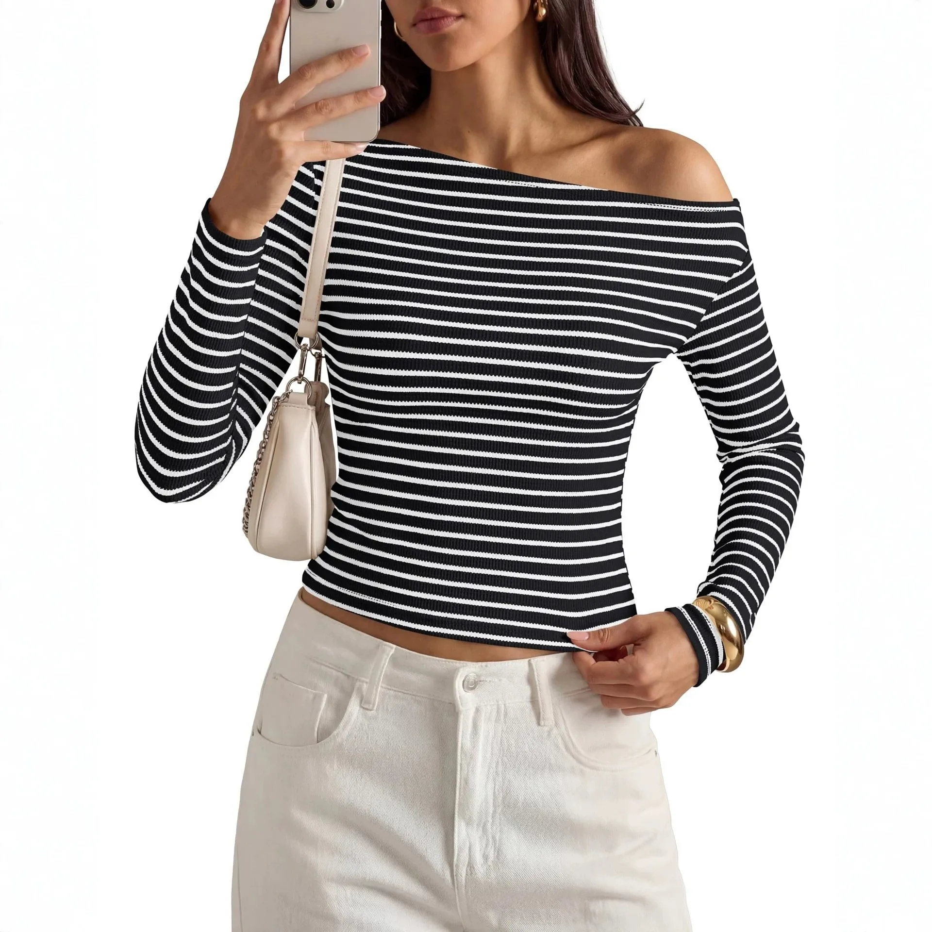 Long Sleeve Casual Top Short Length with Striped T Shirts Plaid Western Style Pressed Finish Daily Long Sleeve T Shirt for Women