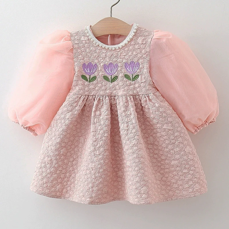 

Spring Autumn Baby Dresses Korean Fashion Cute Flowers Mesh Long Sleeve Pink Toddler Birthday Dress Newborn Girls Clothes BC2335
