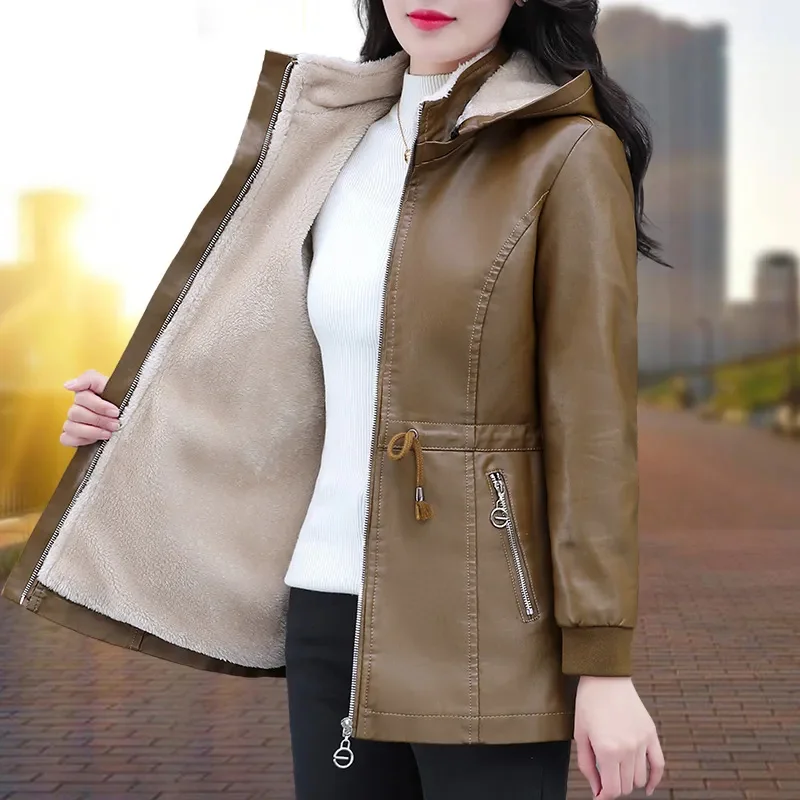 Mid-Long Velvet Padded Pu Leather Coat Women Autumn Winter New Keep Warm Jacket Female Fashion Zipper Pocket Leather Windbreaker