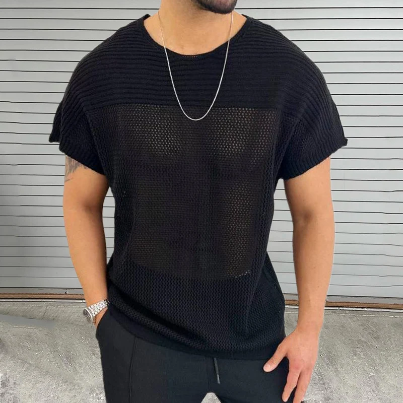 Knitting Hollow Out Breathable Thin T Shirt Mens Summer Fashion Pure Color Knitted T-shirts Men Casual O Neck Short Sleeve Tops