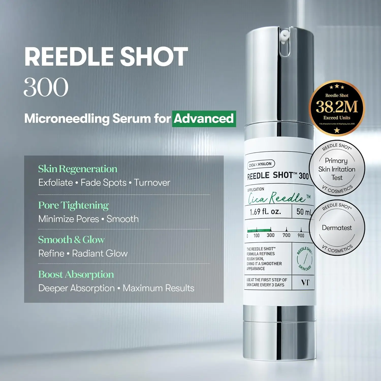 VT COSMETICS CICA Reedle Shot 100 Microneedle Serum offers pore-minimizing and exfoliating benefits, improving skin texture