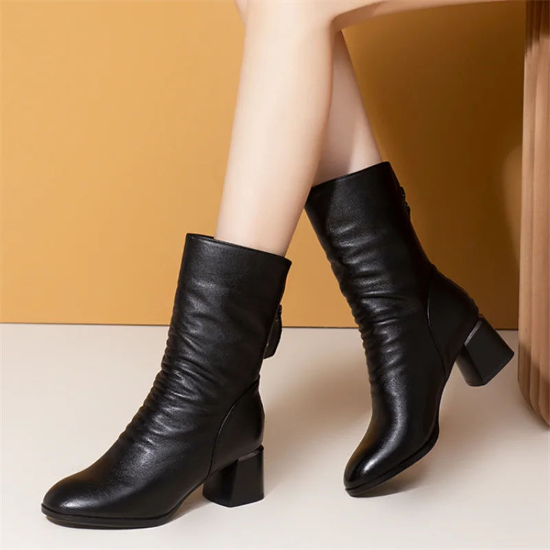 2022 Autumn and Winter New Soft Leather Mid-well Boots Women Thick Heel, Thin and Comfortable Net Red Black Women\'s Boots