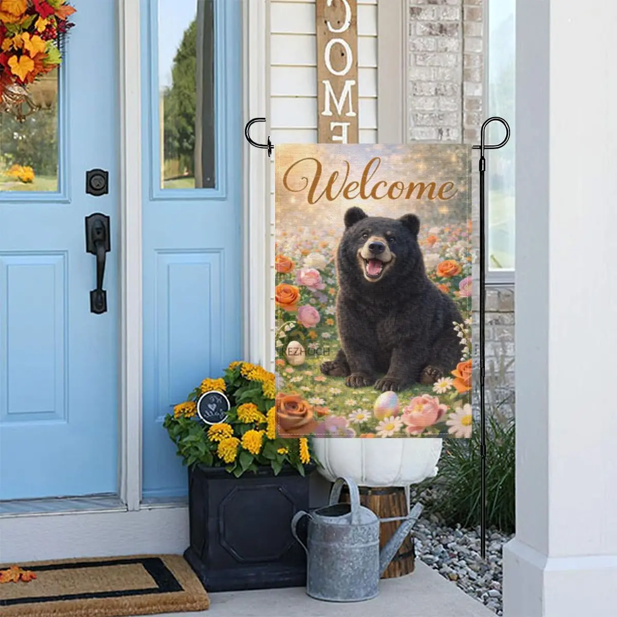 Cute Black Bear Welcome Garden Flag Fun Animal Outside Yard Flags Flowers Easter Eggs Spring Lovely Pet Floral Porch Lawn Pa IIC