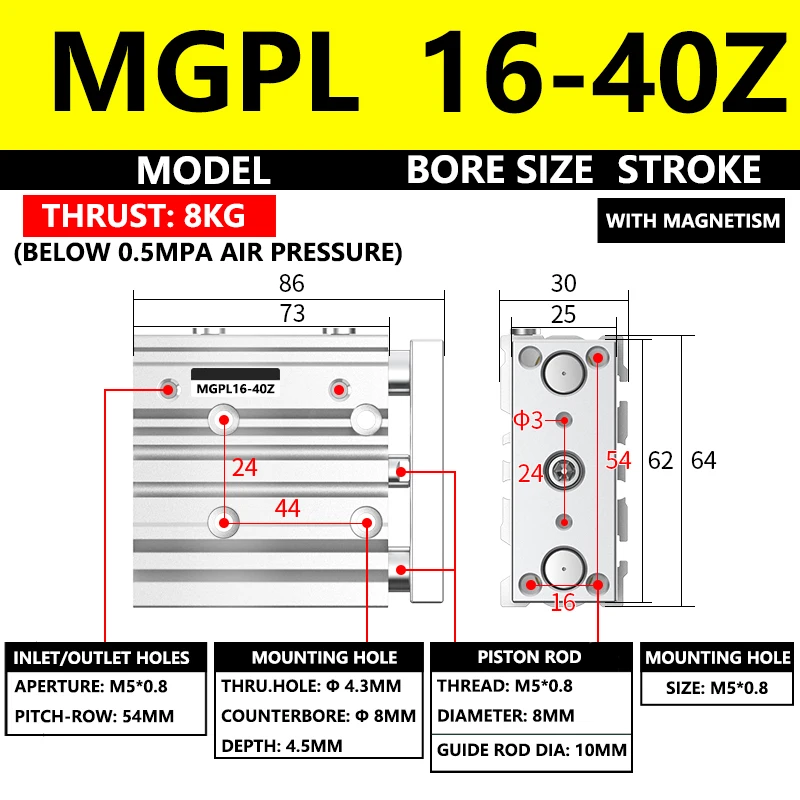 

ABILKEEN MGPL Series Pneumatic Compact Guide Cylinder MGPL16-40Z 16MM Bore X 40MM Stroke Thin Three Axis Three Rod Air Cylinder