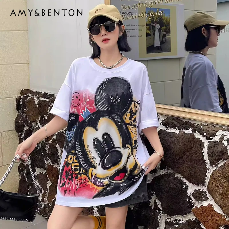 

2026 New American Retro Cartoon Fun Cotton Versatile Y2k Top Tees Fashionable Loose Short-Sleeves Tshirt Pullover Kawaii Clothes