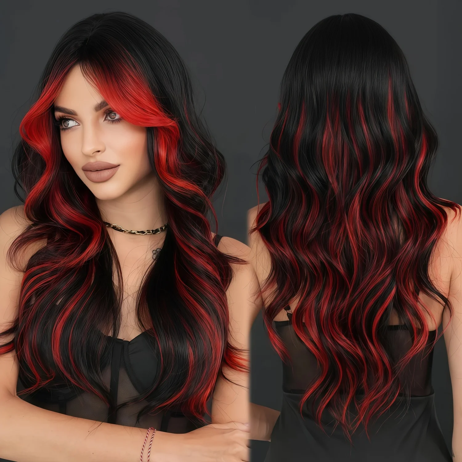 

Elegant long wavy and fluffy wig for women,featuring a red-brown to black gradient, center parting, and heat-resistant synthetic