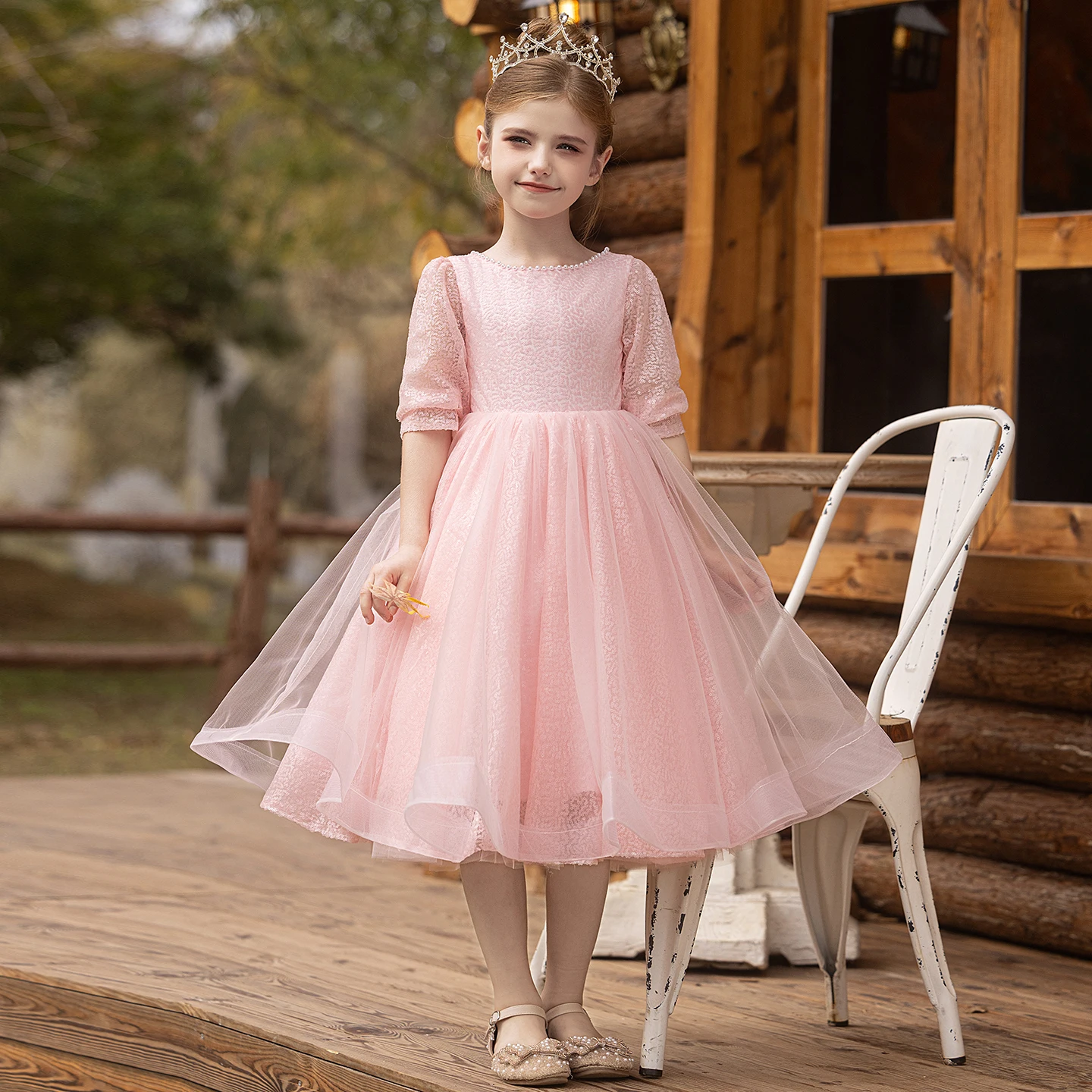 

Girls Round Neck Beaded Mid Sleeve Short Teen Dress Flower Girl Dress Christmas Dress Princess Dress Evening Dress/ Custom