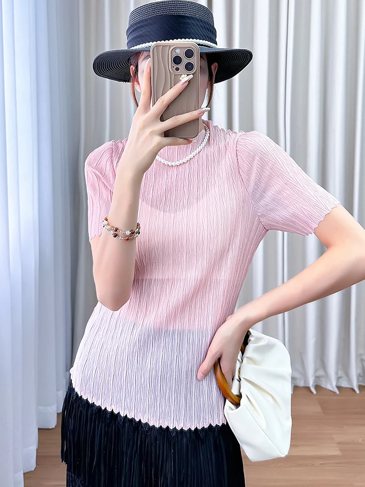 

Slim Fit Pure Color Casual Women's T-shirt Summer New Arrival Three Zha Art Creation Wrinkles round Neck Short Sleeve Top