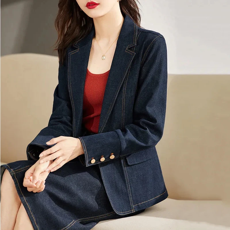 Spring Autumn Denim Blazer New 2024 Women\'s Long Sleeved One Button Short Jeans Jacket Ladies Slim Cowboy Coats Outerwear Female