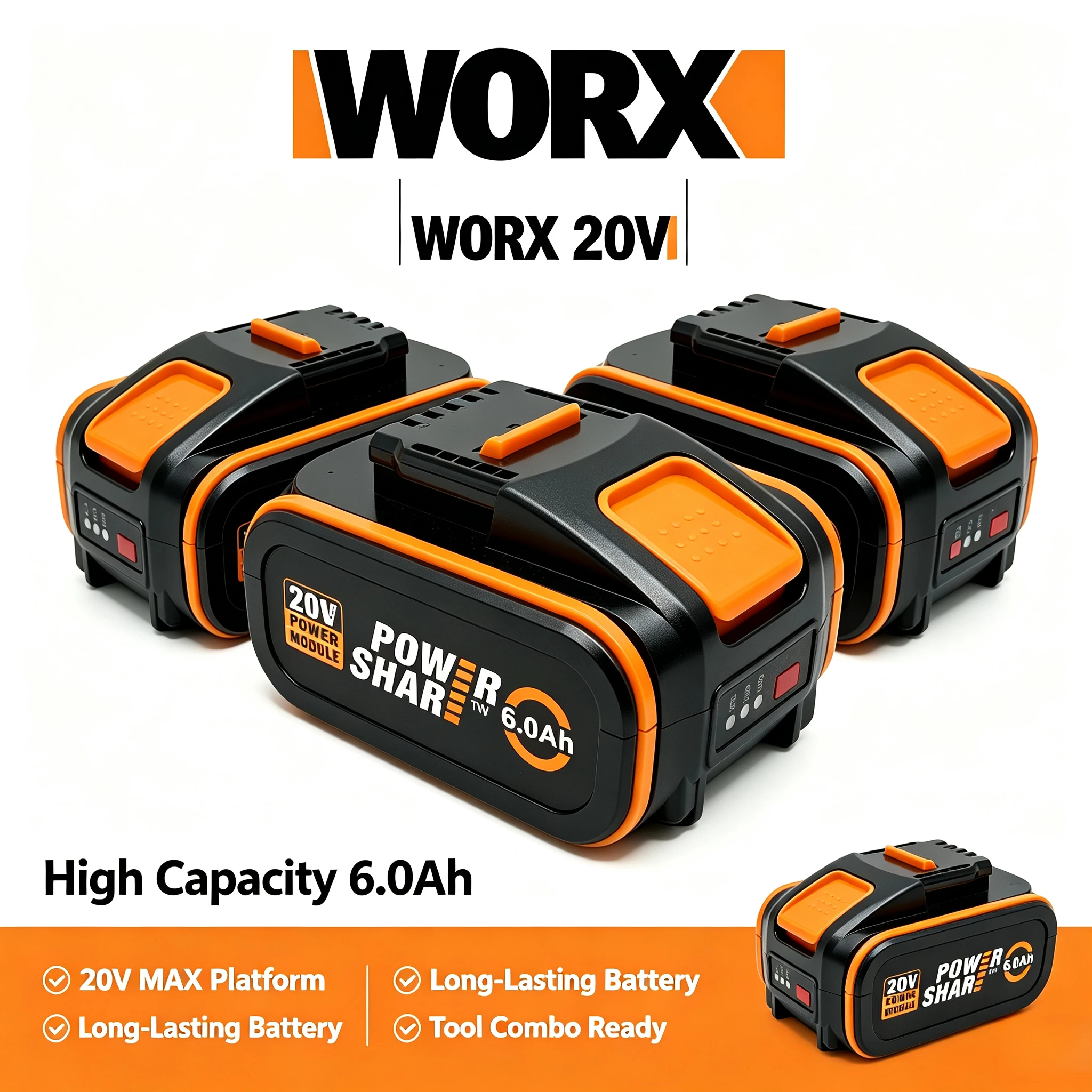 WORX 20V 6.0Ah 4Pin Battery Compact Size High Energy Density Li-ion Pack for WORX WX178 WG163 Garden Pruning Cordless Power Tool