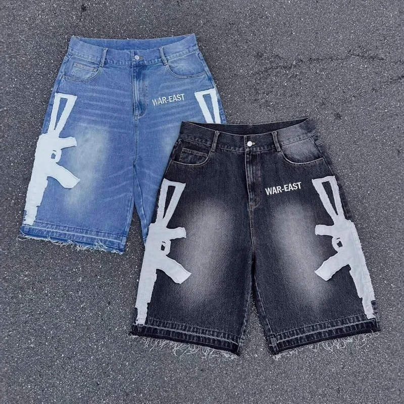 

Summer European American Jeans Retro Washed Hip-hop Letter Print Men Women Same Style Casual Pants Loose Denim Shorts Real Photo