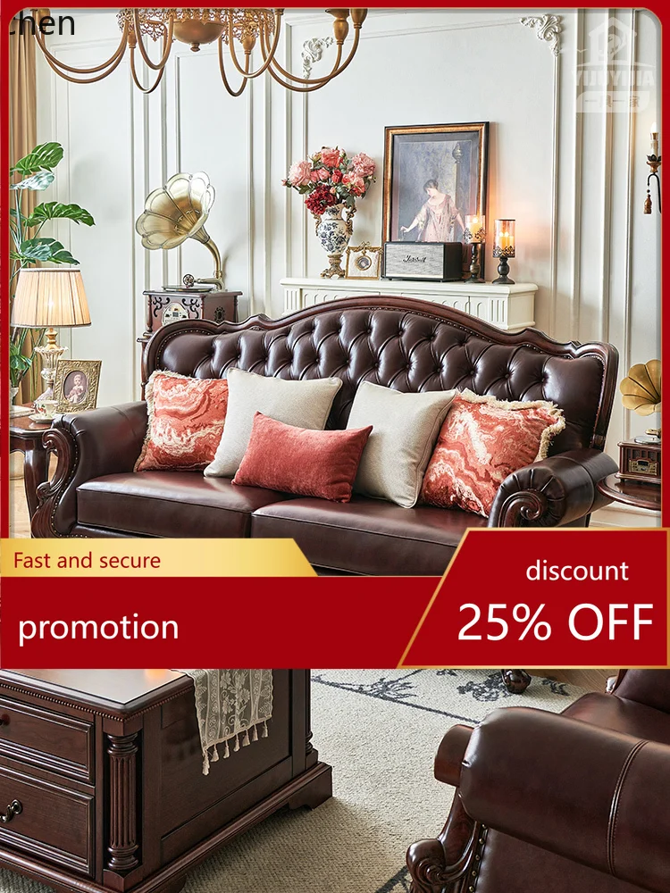 ZML Sofa Solid Wood Layer Oil Wax Leather Pull Button Sofa Living Room Three-Seater Furniture