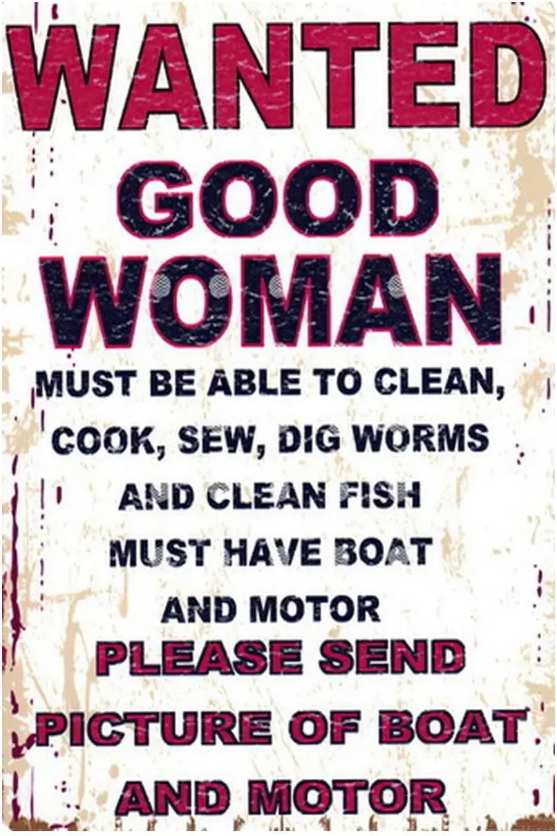 Retro Funny Tin Sign Metal Poster Vintage Wall Décor, Wanted Good Woman Must Have Boat and Motor, Humor Wall Art Decor Cute Deco