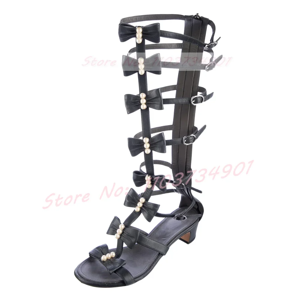 Butterfly-Knot Pearl Mid Calf Sandals Women Rome Zipper Party Block Mid Heels Shoes Ladies Casual Elegant Chic Big Size Sandals view 5