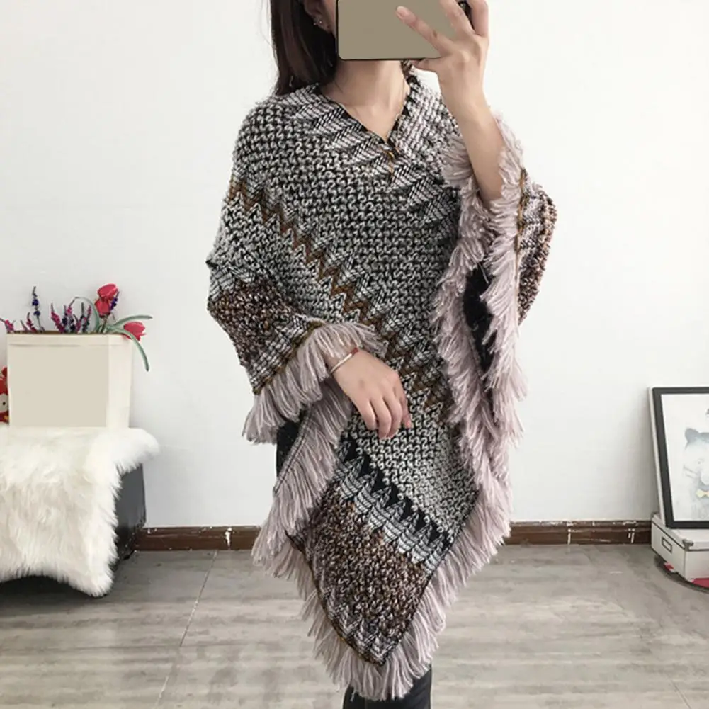 Thickened Warm Knitted Tassel Cape Coat Elegant Fringe Poncho Cape Coat V Neck Colorful Irregular Hem Sweater Cloak Loose Poncho