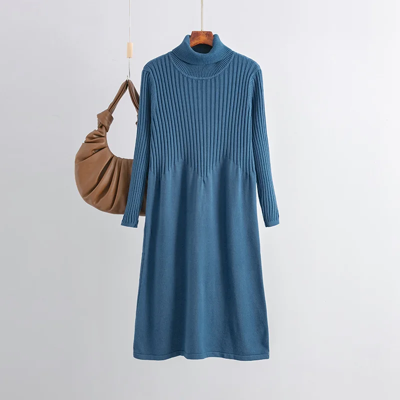 HLBCBG 2023 New Spring Autumn Turtleneck Solid Loose Dresses Women Knitted Dresses Solid Female Long Sleeve Sweater Dress