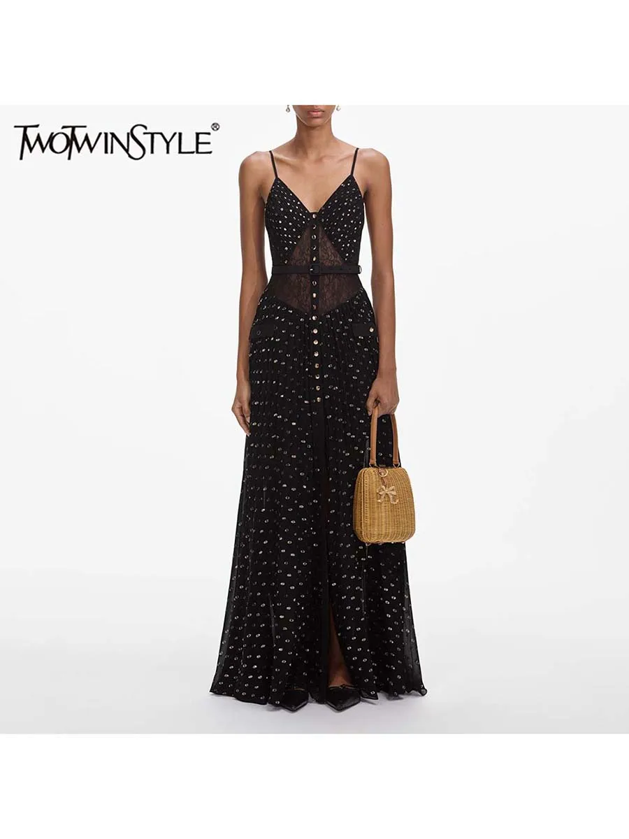 

TWOTWINSTYLE Solid Sheer Spliced Folds Fashion Dresses for Women V Neck Sleeveless Split Patchwork Button Long Dress Female New