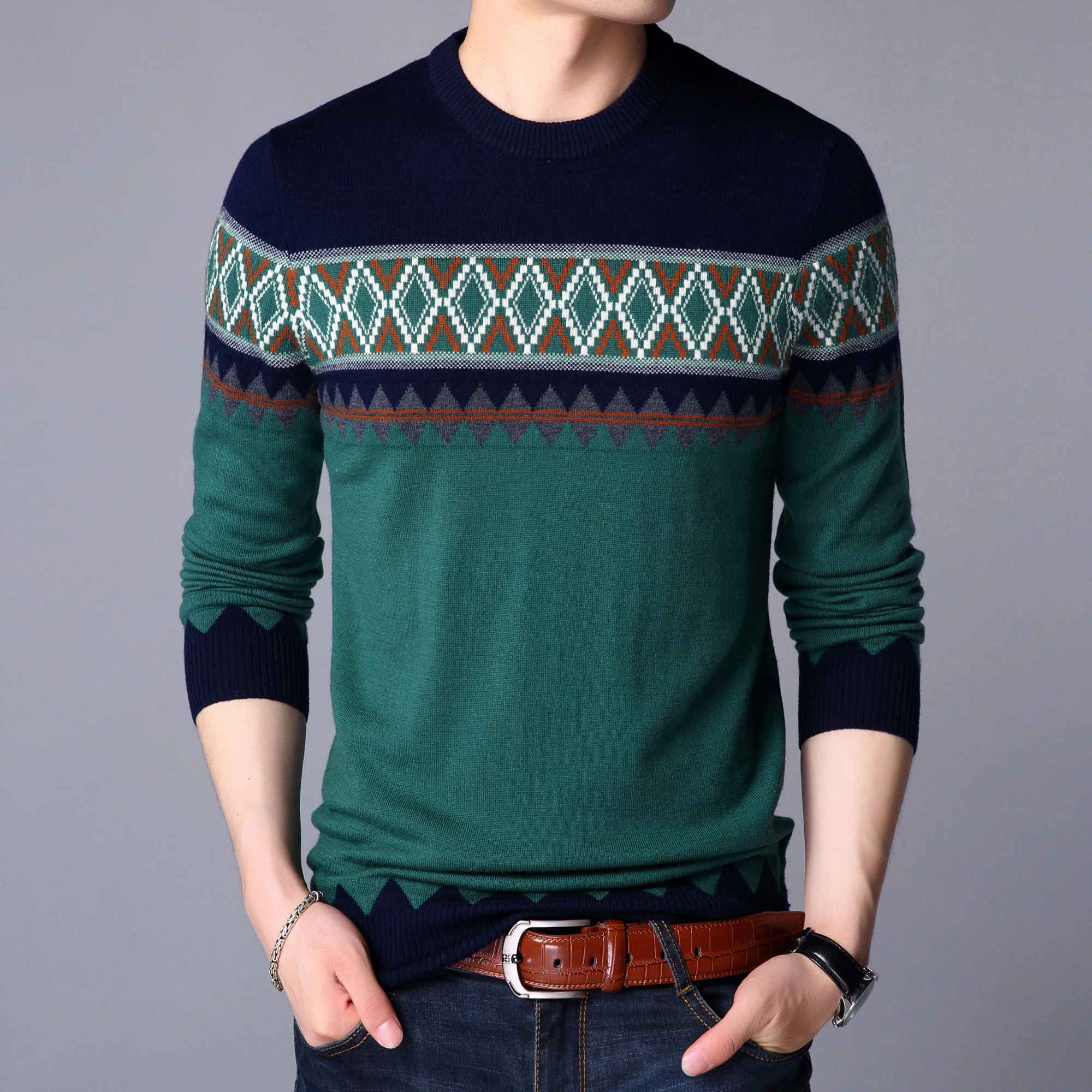

Mens 100% Wool Knit Tops Fashion Argyle Round Neck Sweaters Long Sleeve Patchwork Jumper Male Pure Wool Knit Clothing Pullovers
