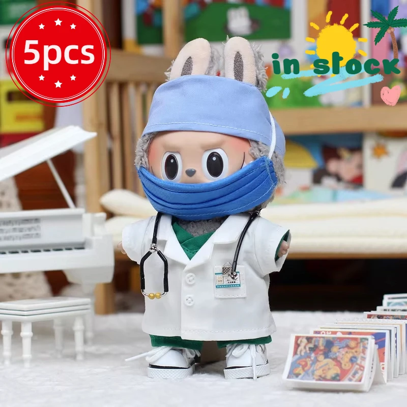 

17cm Labubu Doll Clothes Hanging Toy For Nurse Uniform Macaron Series Fabric Doll Outfit Medical Costume Kids Playtime Accessory