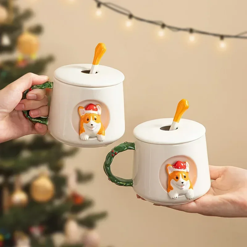 

Ceramic Creative High Appearance Level Family Lovely Christmas Corgi Mug with Cover Scoop Couple Men and Women Coffee Cup Gift