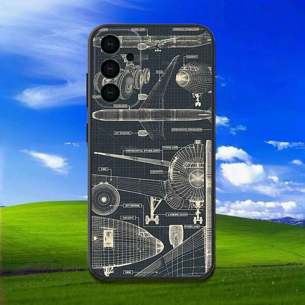 電話ケース サムスンギャラクシー A13、A21s、A22、A31、A32、A52、A53、A71、A80、飛行機パイロットコックピットソフトブラックシェル用