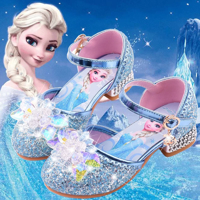 Disney Princess Frozen Elsa Kids Leather For Girls Crystal Pillar Casual Glitter Children High Heel Party Dress Shoes