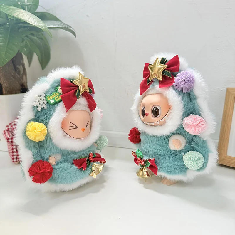 Labubu 1st-3rd Gen Keychain Outfit Set Christmas Costume with Ornamental Balls & Bells for 17cm Blind Box Vinyl Doll Clothing