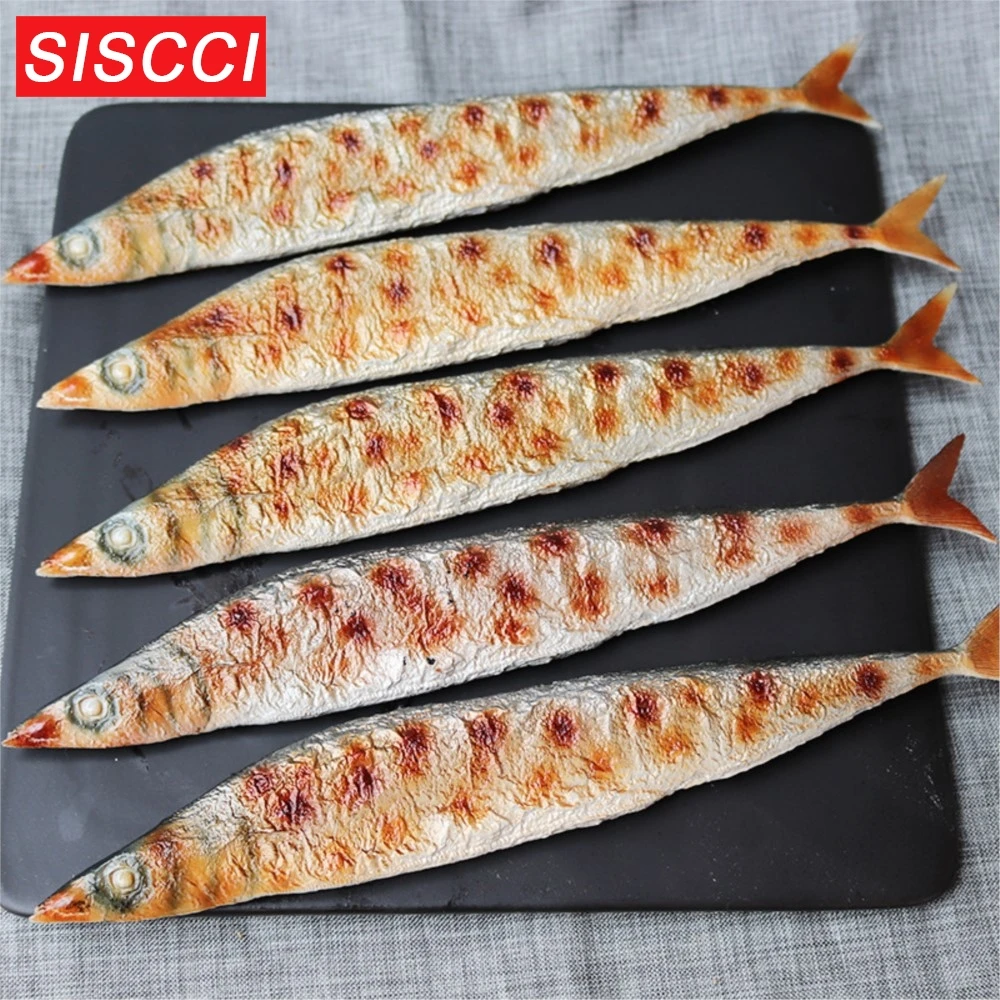 Caballa simulada, pescado a la parrilla, pescado simulado, brochetas a la parrilla, accesorios de exhibición de modelo de comida de verduras y carne
