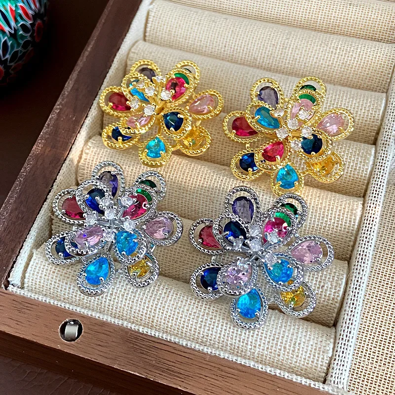 Light Luxury Genuine Gold Electroplated Double-layer Colored Zircon Three-dimensional Flower High-end Temperament Earrings