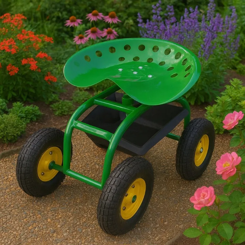 Four-Wheel Rolling Garden Cart Stool with Ergonomic 360 Swivel Seat Height Adjustable Heavy-Duty 150 kg OEM