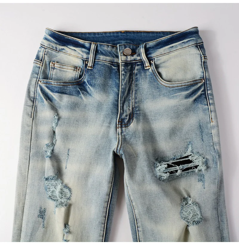 Herren-Lederjeans mit Plissee-Patches, Biker-Stil, Streetwear, Skinny, schmal geschnitten, hochelastisch, Jeanshose mit Löchern, zerrissen, Distressed-Hose – Detail 6