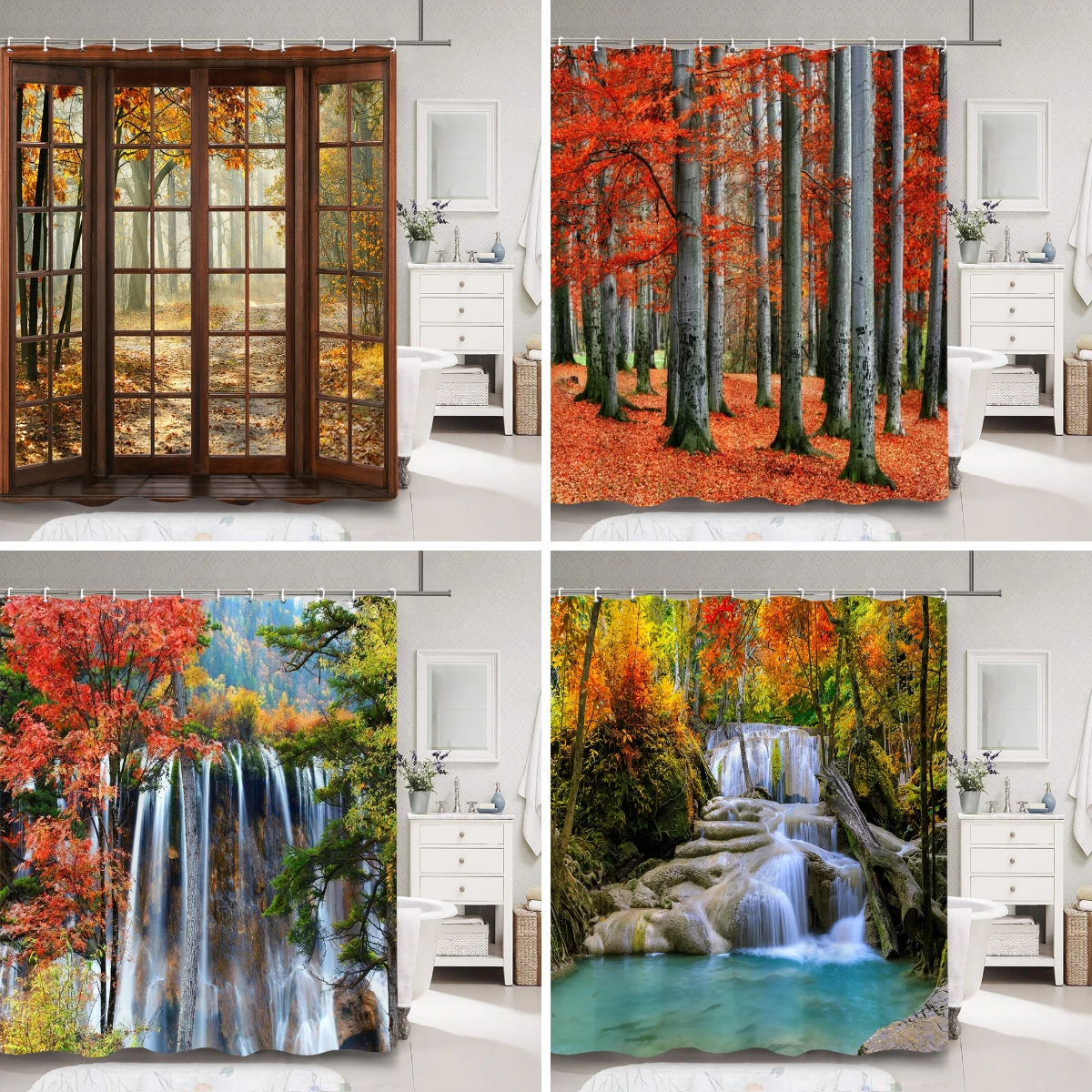 Autumn Forest Scenery Shower Curtain Red Maple Leaf Waterfall Nature Landscape Polyester Fabric Shower Curtains Bathroom Decor