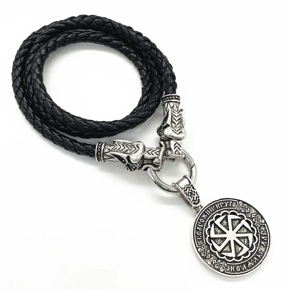 

Slavic Kolovrat Pendant Norse Runes Viking Wolf Head Amulet Leather Chain Necklace Jewelry