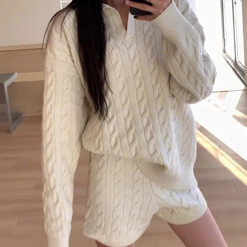 Knitted Casual Tow Piece Sets Strecth Warm Loose Sweater Tops Conjunto Soft Elasitc High Waist Baggy Short Pants Outfit Z145