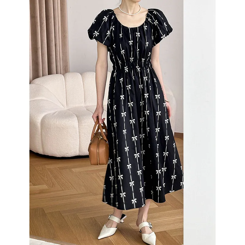 

2024 Spring/Summer New Dress Women's Korean Bow Print High Waist Elegant Waist Long Dress