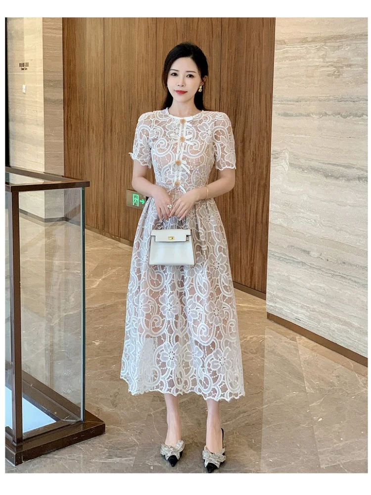 SMTHMA French High-End Super Beautiful Lace Long Dress Women\'s 2024 New Summer Light Luxury Vintage Elegant Runway Dresses