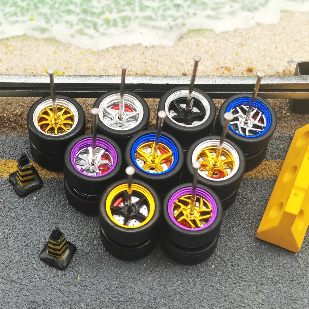 Kicarmod 1/64 금속 림 모델 휠, 플라스틱 스포크 및 브레이크 디스크 휠 직경 11mm 핫 휠, 취미 컬렉션 1 세트