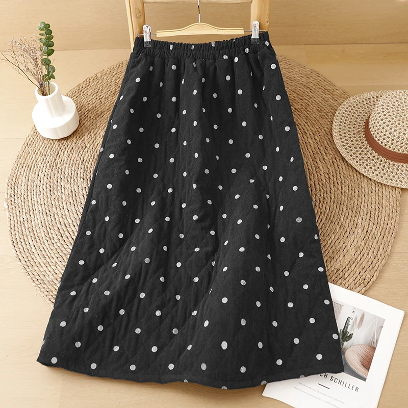 Retro Japanese Polka Dot Half Skirt Design Autumn Winter Flower Bud mid Length Corduroy Thickened Loose Slimming Long Dress