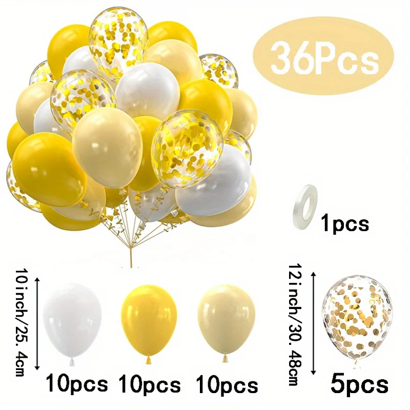 36 Stück gelb-weiße Luftballons mit goldenem Konfetti, 25,4 cm Latex-Ballon-Set für Feiern, festliche Geburtstagsfeier-Dekoration – Detail 2