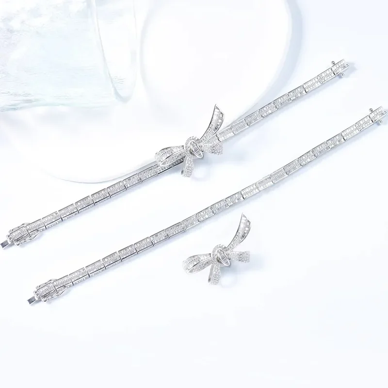 Sterling silver plated platinum full diamond ladder square bracelet women's 2024 new bow bracelet light luxury niche delicate