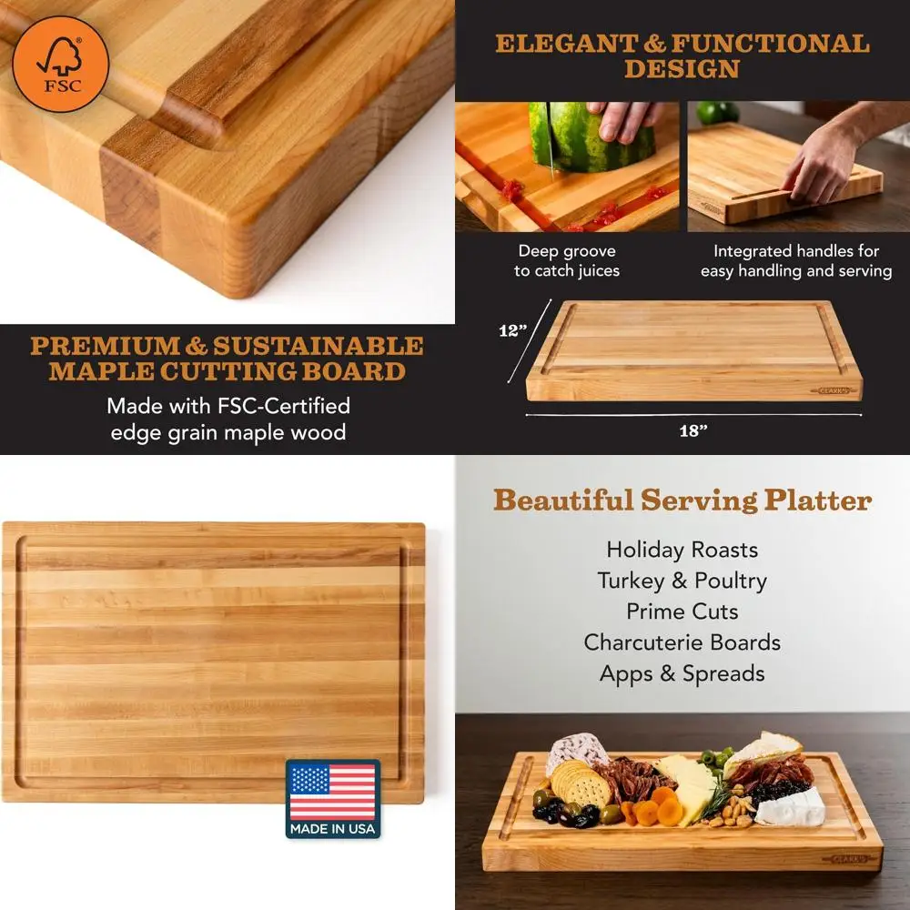 

Большая разделочная доска из кленового дерева с глубокой канавкой для сока и удобной ручкой для переноски, 18x12x1,25 дюйма