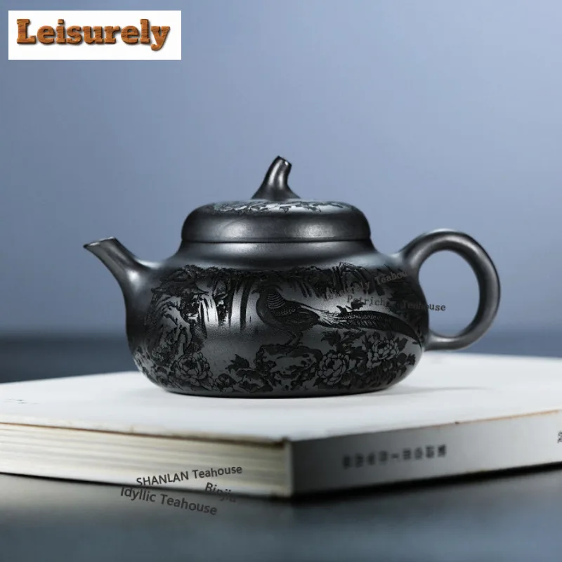 250ml Yixing Purple Clay Teapots Hand-carved Eggplant Pot Raw Ore Stone Yellow Mud Tea Soaking Kettle Chinese Zisha Teaset Gifts