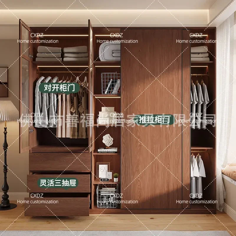 Oak Sliding Door Wardrobe Solid Wood Bedroom Closet Small Apartment Storage Cabinet Walnut Finish Modern Home Furniture