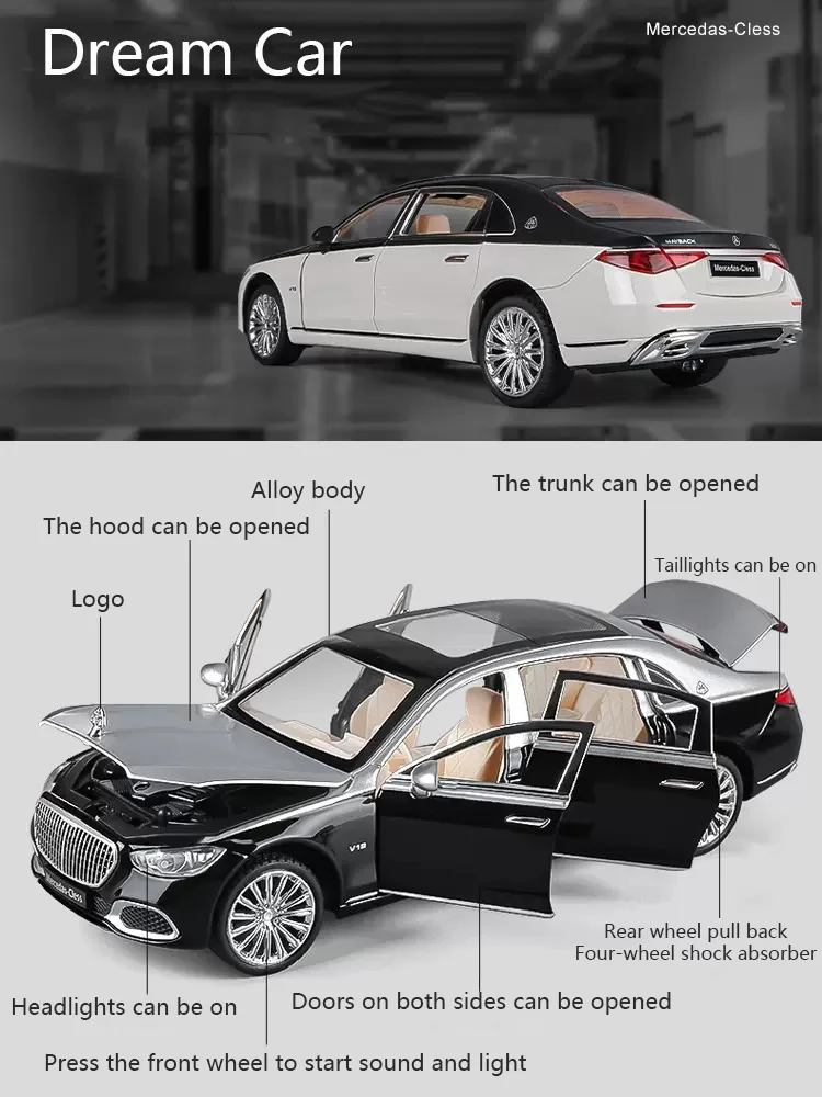 New 1:24 Simulation Benz Maybach S680 Alloy Car Model Sound And Light Pull Back Toy Car Die-Cast Boys Collection Decoration Gift