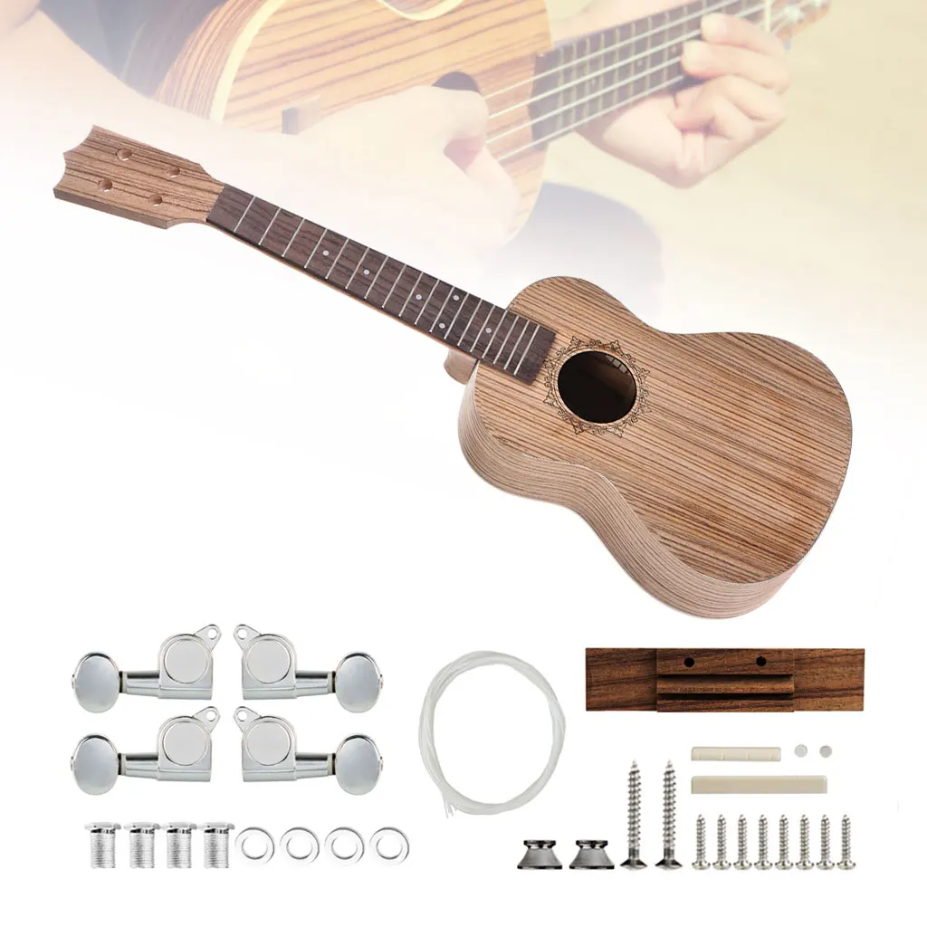 Unfinished 23\'\' 26\'\' Concert Tenor Ukelele 4 StringsHawaii Guitar DIY Kit Zebrawood Body Fingerboard Pegs Strings Bridge Nut SET