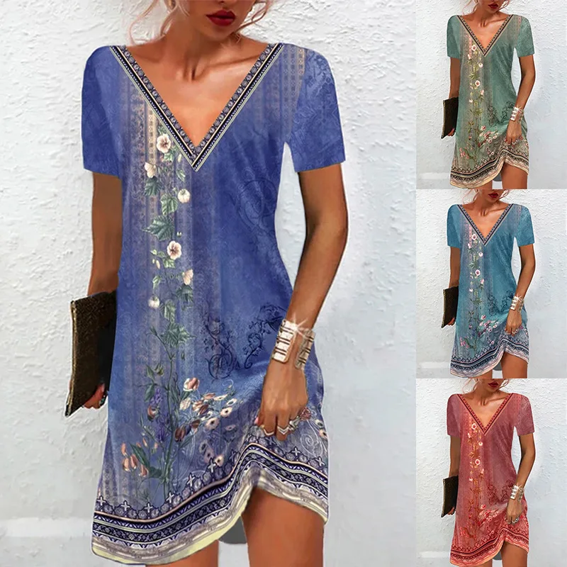 Women Retro Ethnic Style Dress Summer V Neck Floral Print Short Sleeve Dresses Female Casual Holiday Beach Loose Dress Vestidos