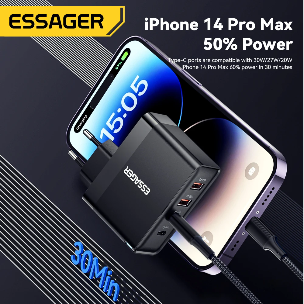 Essager 100 واط USB نوع C شاحن 65 واط PD شحن سريع 4.0 3.0 نوع-C شحن سريع آيفون 16 15 14 13 برو شاومي ماك بوك المحمول