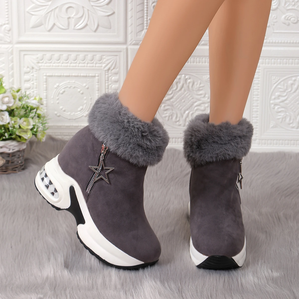 Women Boots Winter 2024 New Casual High Heels Warm Boots Thickened Fluff Wedge Shoes Fashion Outdoor Platform Snow Boots Women