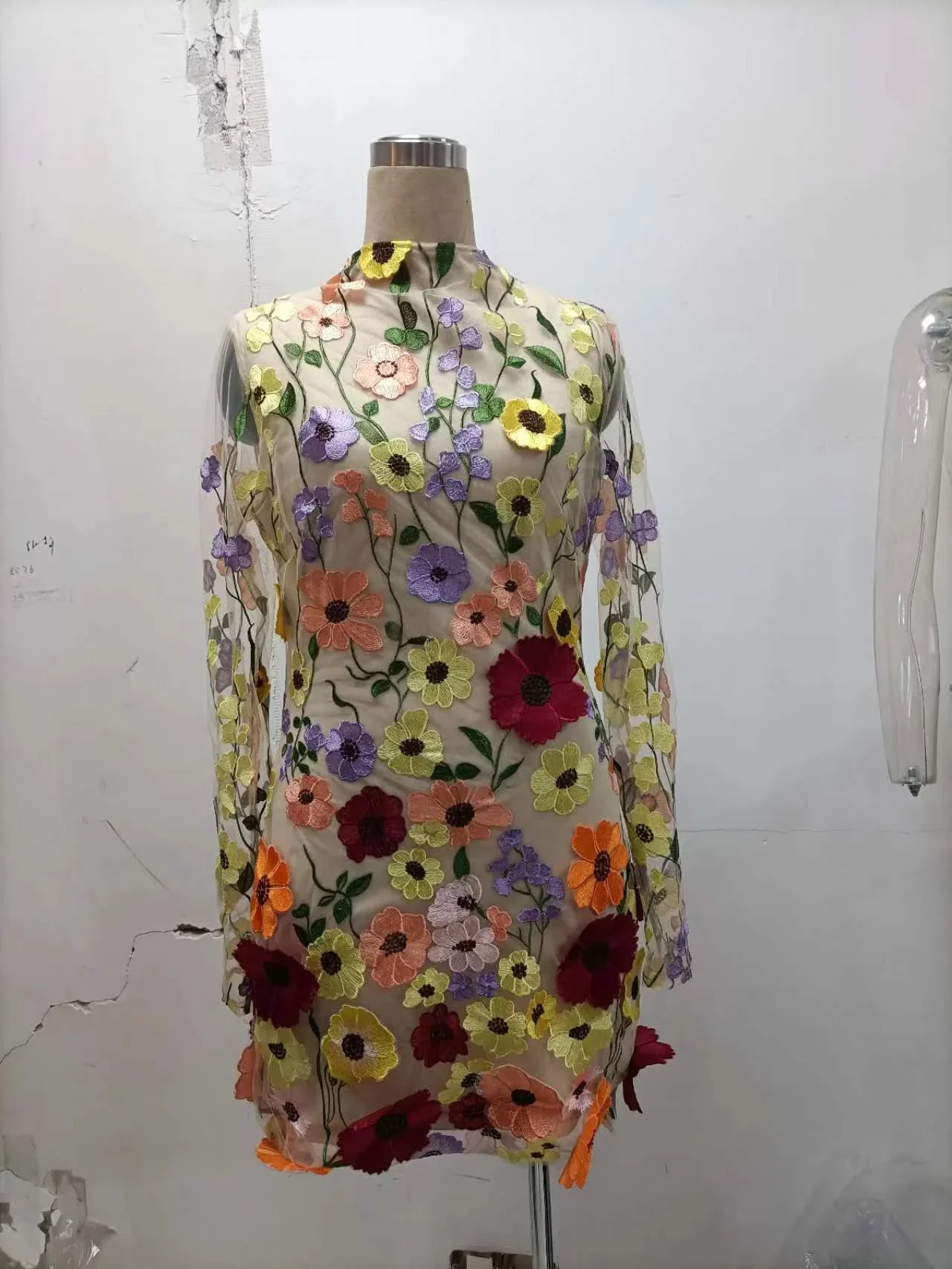 CPSYMYM Damesjurken Lente 3D Bloem Mesh Kant Borduren Casual Mock Hals Lange Mouw Slim Fit Dagelijkse Mini-jurk