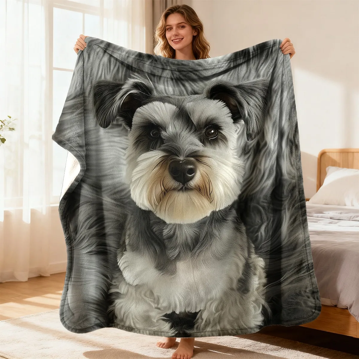 Blanket Schnauzer Portrait Pattern Printing Flannel Trendy Printing Blanket Comfortable Balcony Halloween Gift Exceptional Quali